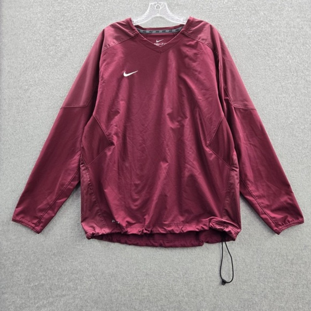 Nike Men Jacket Large Red Windbreaker Logo Dri Fit Long Sleeve V Neck